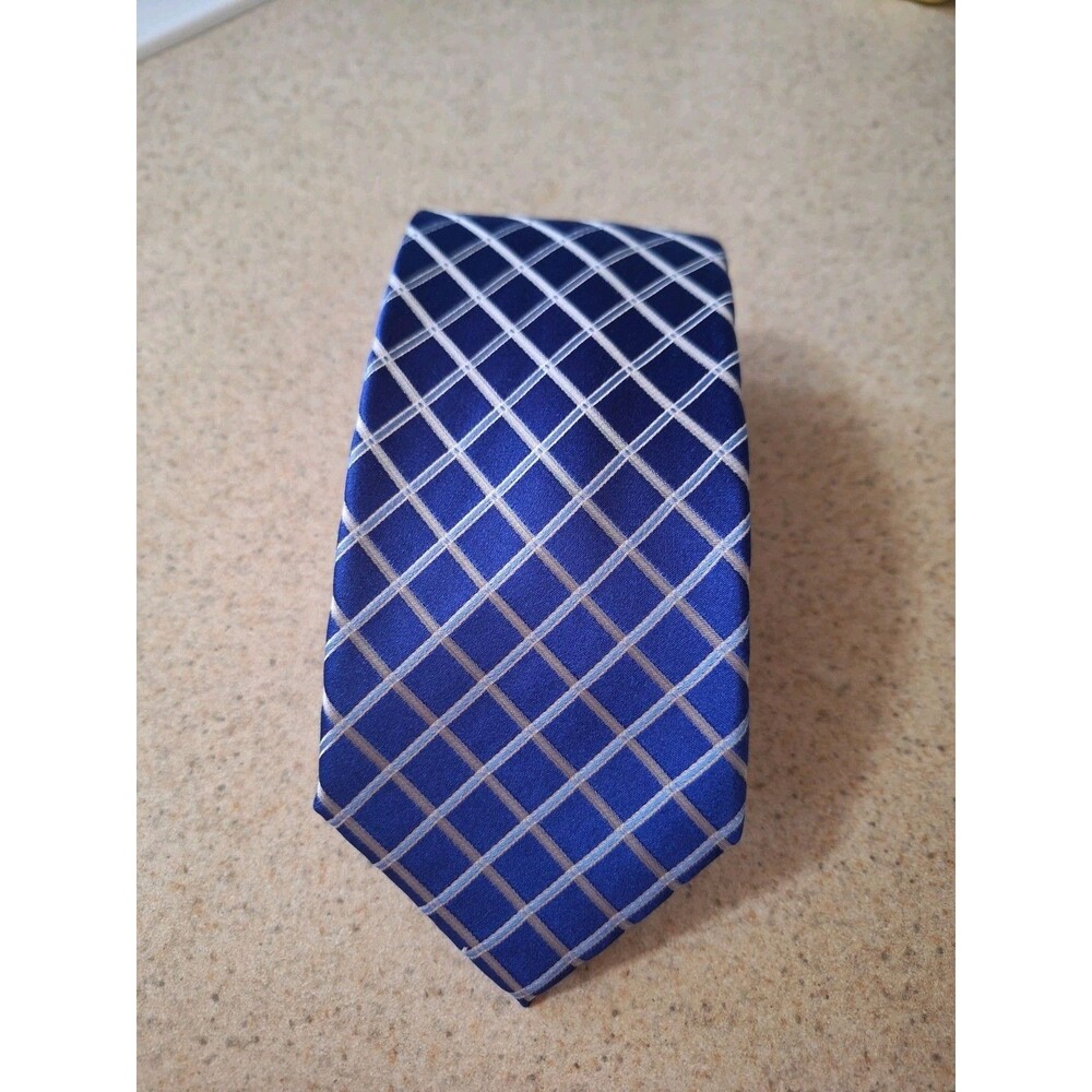 Countess Mara Grid Tie Modern Stylish Blue Preppy Dapper Crown Logo Handmade 57"